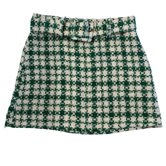 Zara Woman SS22 Ecru/Green Textured A-Line Weave Mini Skirt Size XS Belted X-Mas - Picture 3 of 8